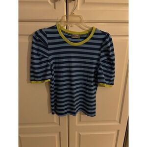 Masseys Striped Crew Neck Short Sleeve Top Womens Size L Blue Yellow Ribbed Knit